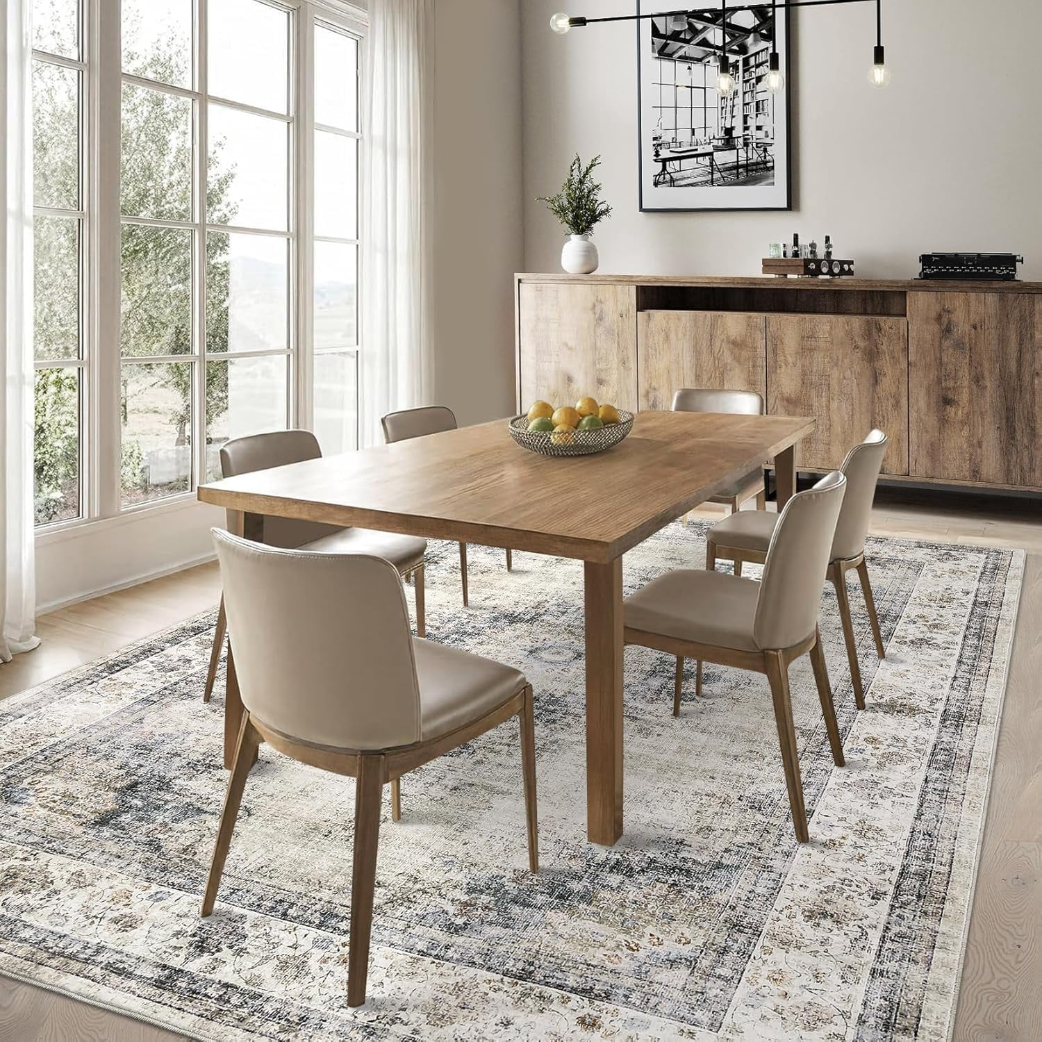 Bedroom Area Rug 5x7 Vintage Distressed Living Room Area Rug Non Slip Low Pile Large Dining Room Rug Soft Medallion Throw Floor Carpet Machine Washable Rugs for Home Office, Sage