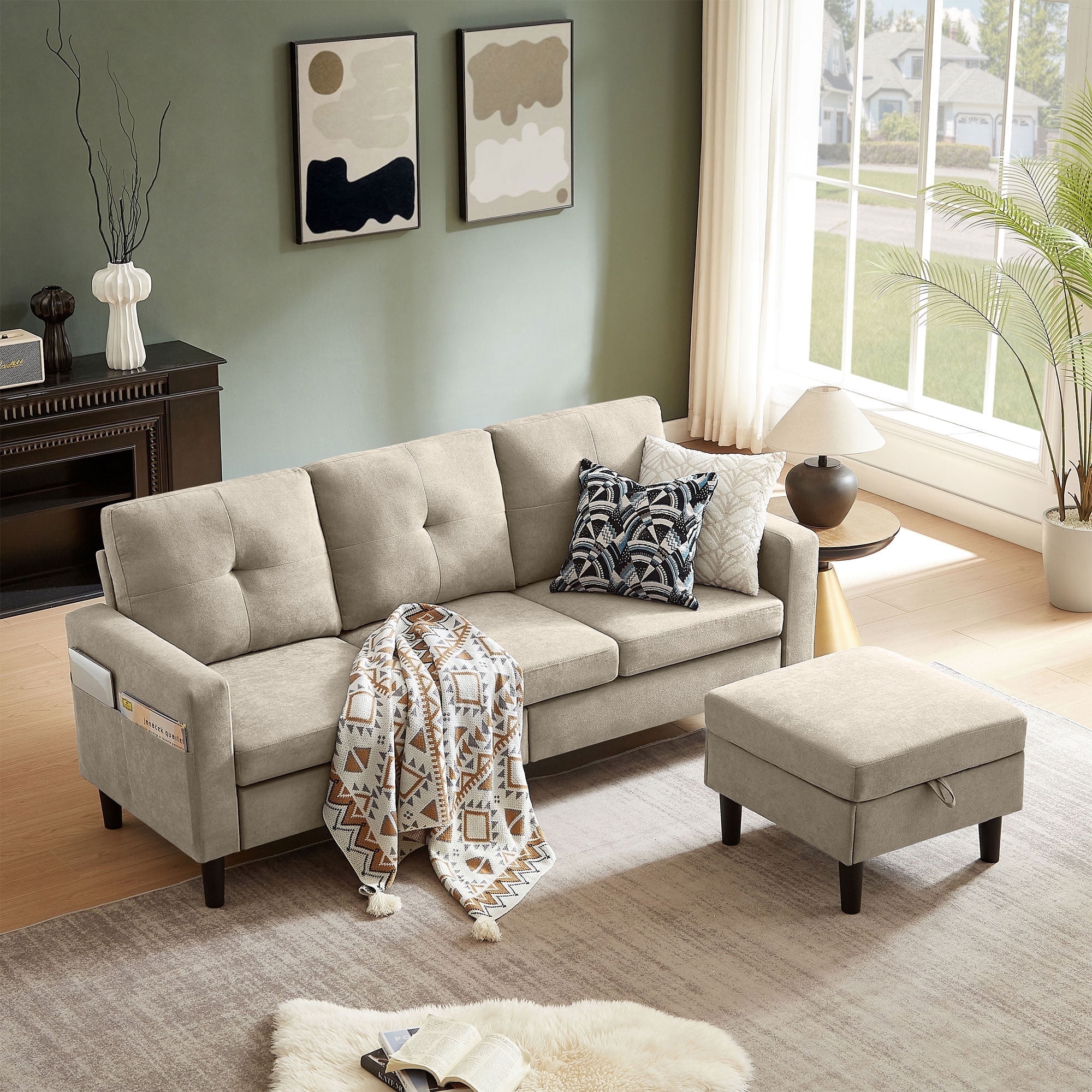 Pingliang Home Sectional Sofa with Storage Ottoman, Modern Couch with Footstool and Side Pockets,3 Seat L Shaped Couches for Living Room Apartment Office Studio