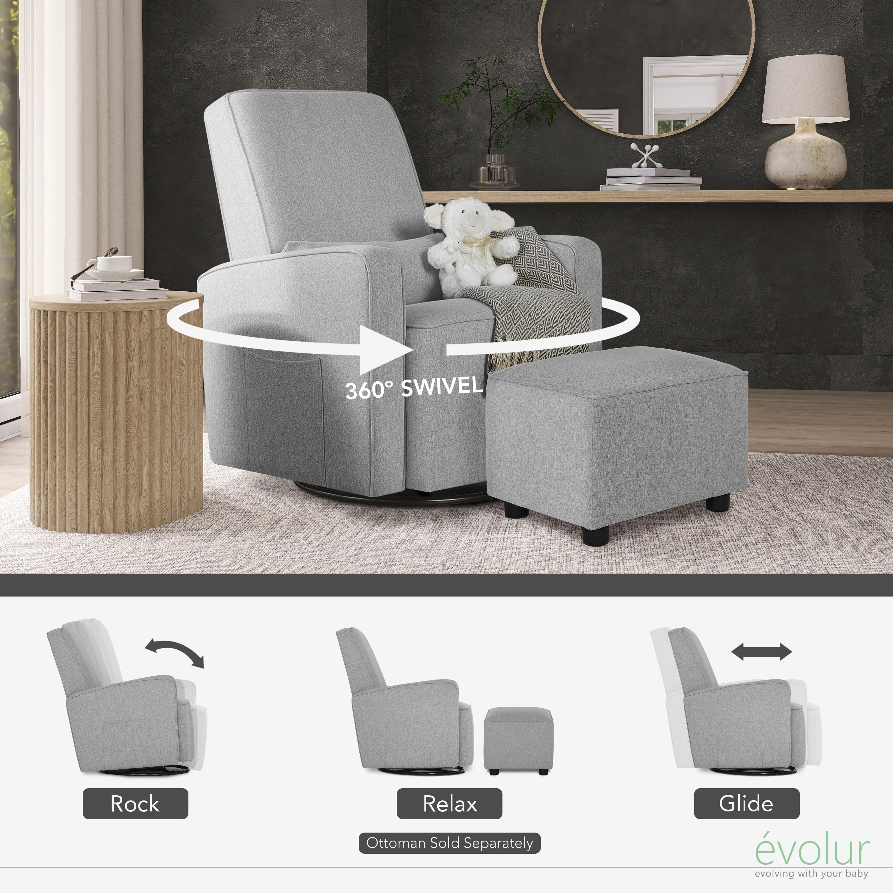 Evolur Holland Upholstered Swivel Glider | Rocker I Included Lumbar Pillow I Modern Design, Luxe Grey