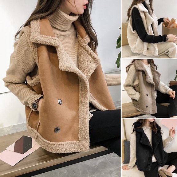 BAETEUY Women's Waistcoat, Sleeveless, Lapel, Double-Breasted, Short Style, Solid Color, Casual Cardigan, Thickened Velvet Lining, Vest Coat