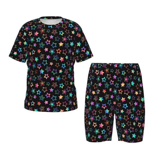 Balery Multi-Colored Stars Conjunto de Pijama Infantil de Manga Corta con Estampado – Ropa de Dormir de Algodón Suave-Small