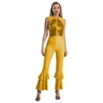 thumbnail image 1 of Womens Dance Leotard Shiny Rhinestone O-Ring Front Tiered Bell-Bottom Bodysuit for Disco Party Gold M, 1 of 7