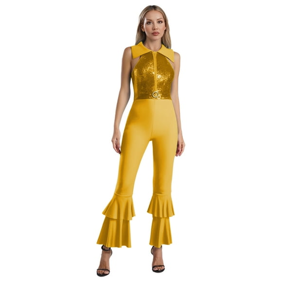 Yruioon Women's Sequin Sleeveless Disco Jumpsuit Tiered Bell Bottom Hippie Romper 70s Disco Costume Gold 3XL