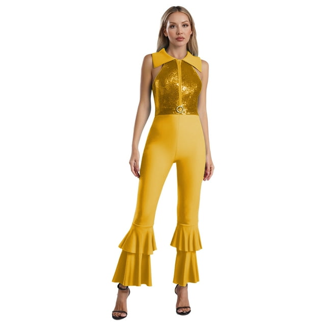 Womens Dance Leotard Shiny Rhinestone O-Ring Front Tiered Bell-Bottom Bodysuit for Disco Party Gold M