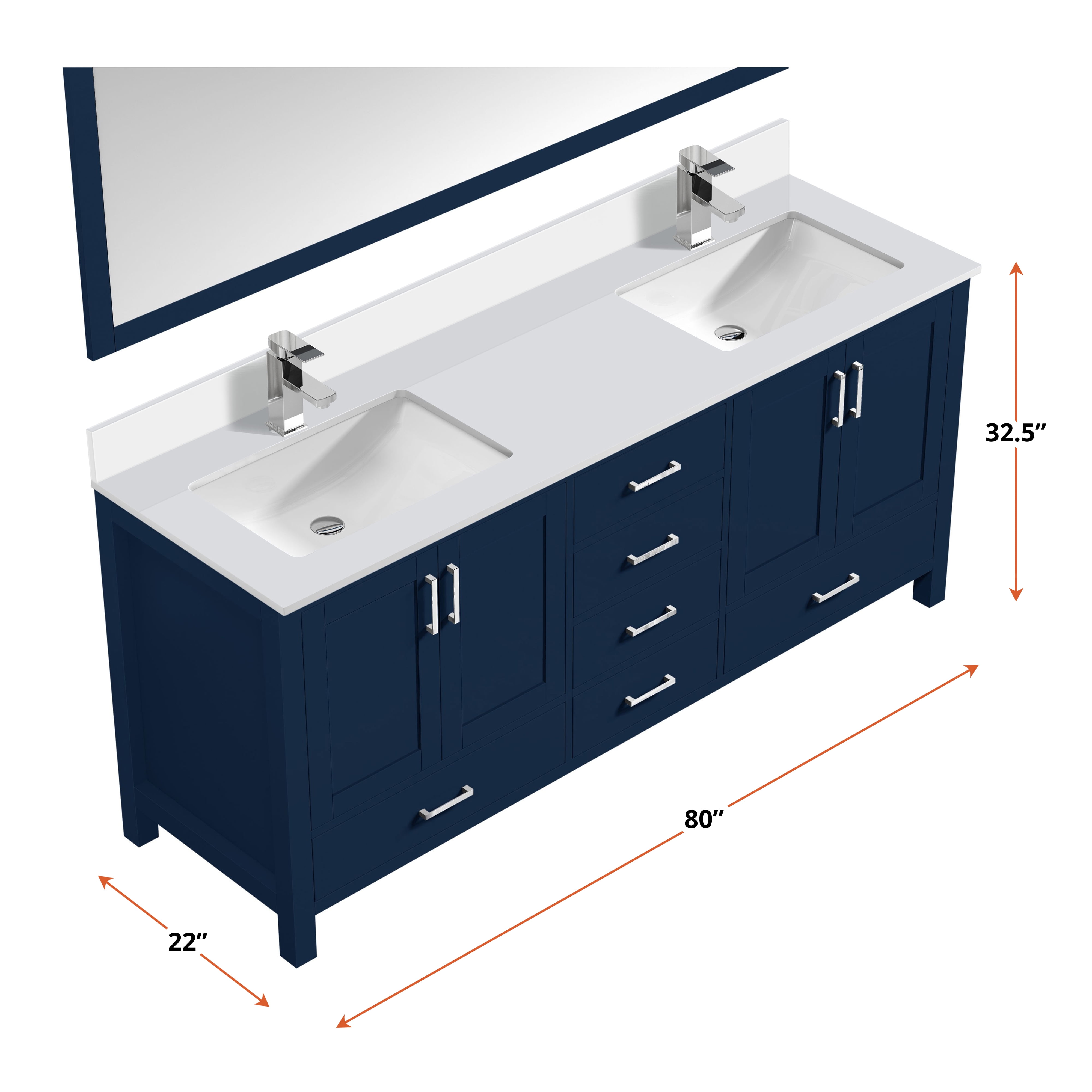 Jacques 80 in W Navy Blue Double Vanity, White Quartz Top
