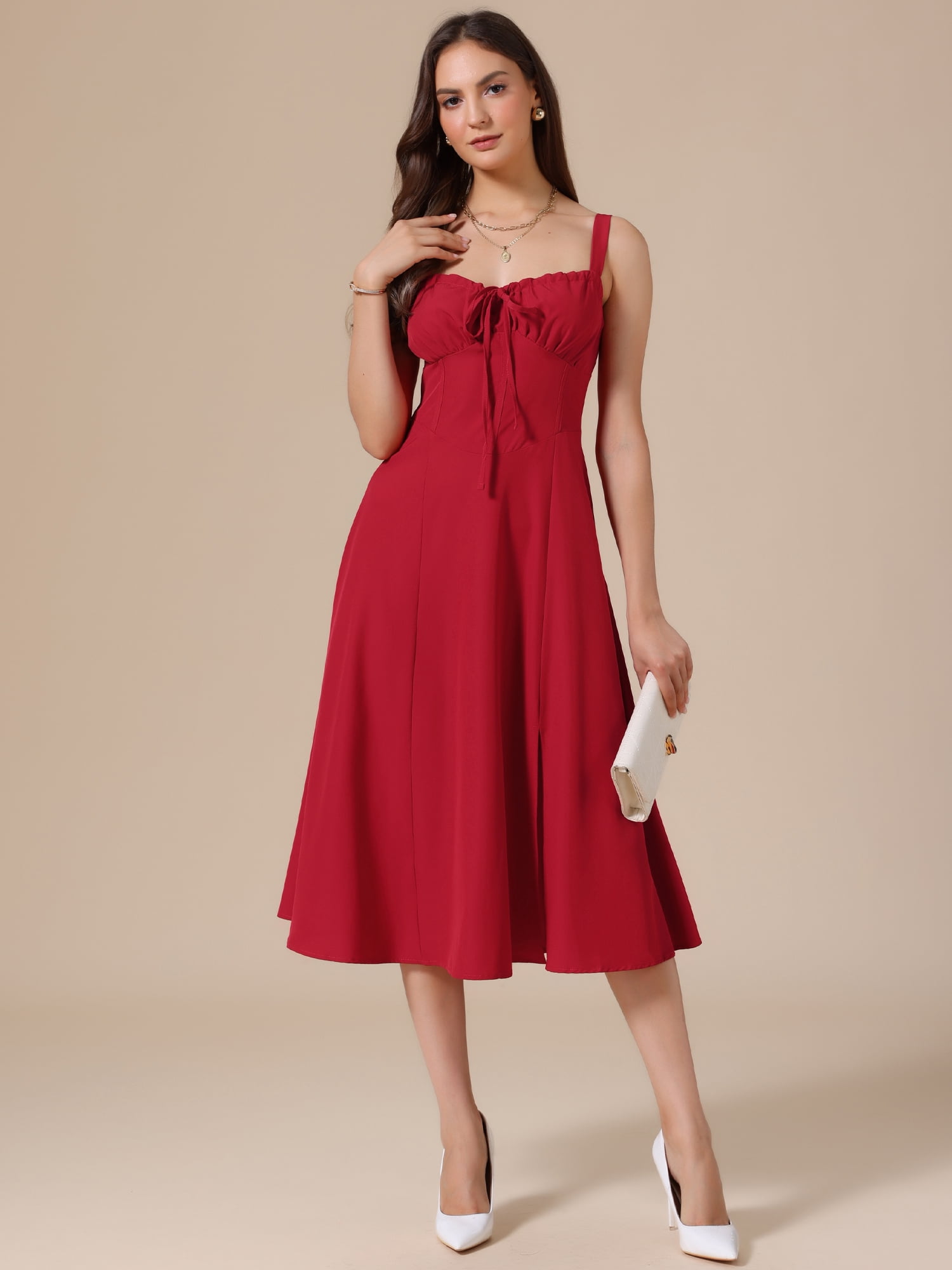 DARING DIVA Women's Spaghetti Strap Sweetheart Neck Side Slit A Line Dresses XL Red