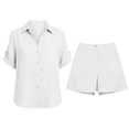 thumbnail image 4 of VISALY Womens 2 Piece Linen Short Sets Roll-Up Short Sleeve Button Down Collared Shirt Elastic High Waist Shorts Set Lightweight Casual Summer Tracksuit Beach Vacation Two Piece Outfit White L, 4 of 6