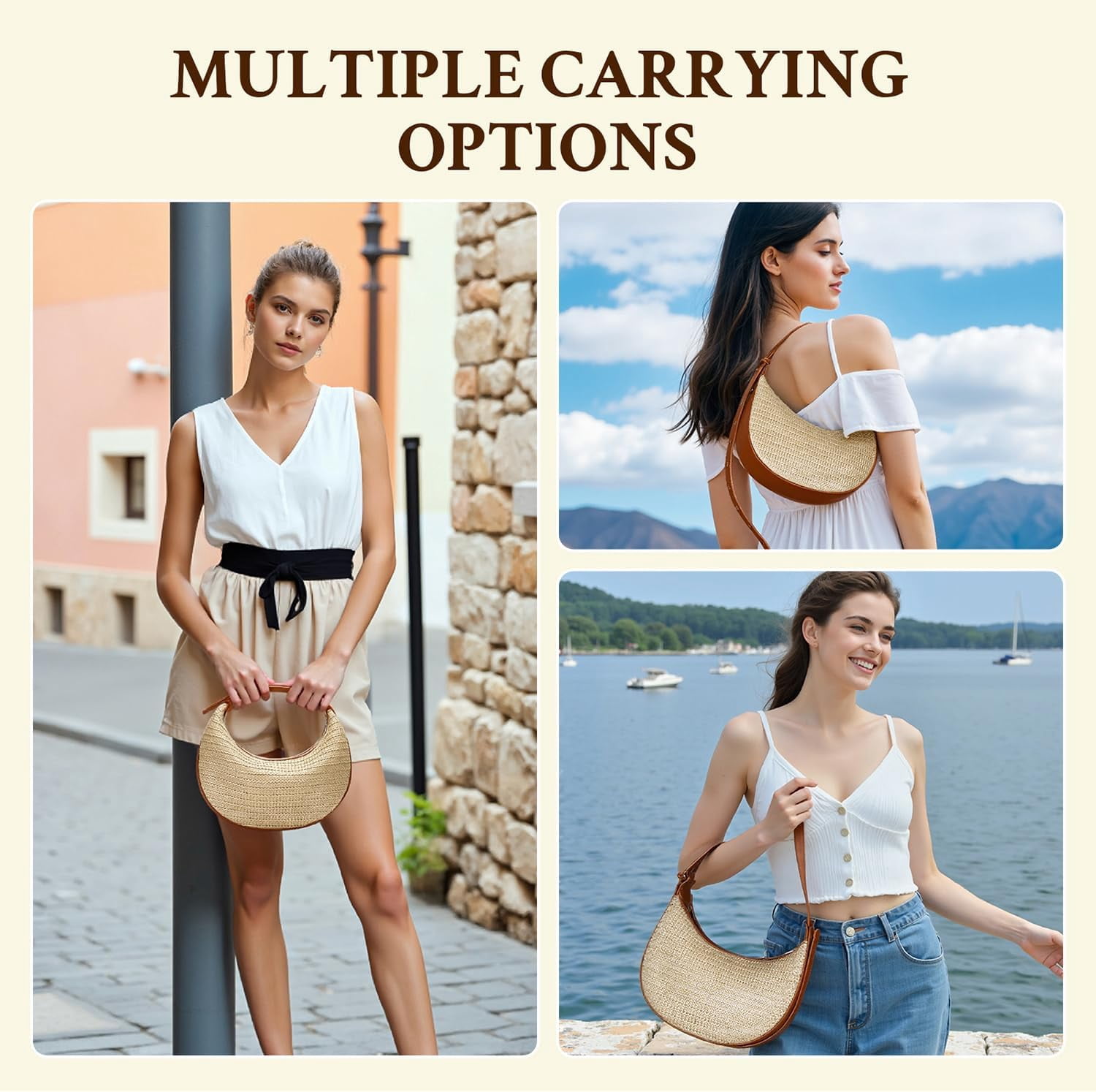 CAILDANL Straw Crossbody Bag for Women Beach Woven Hobo Handbag Summer Chic Crescent Shoulder Purses with Adjustable Strap