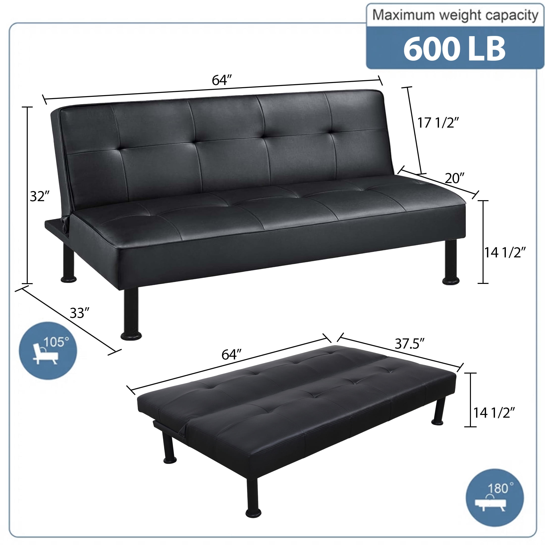 Aukfa Modern Futon Convertible Sofa Bed for Home Office, Tufted Back, Leather, Black