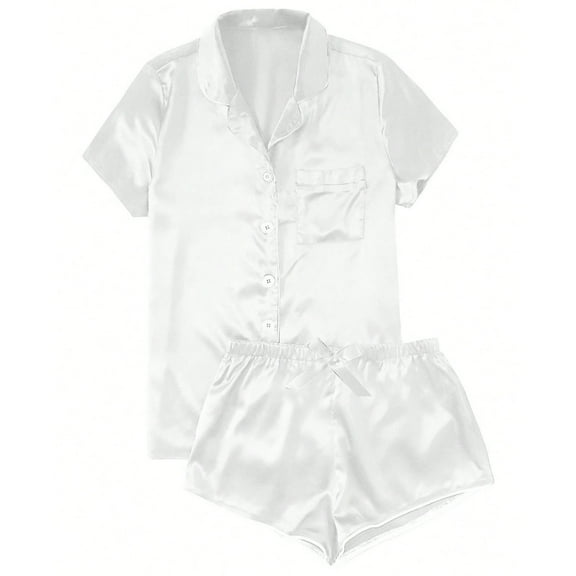 Annhoo Womens Satin Pajama Sets 2 Piece Short Sleeve Button Front Collared Shirts and Shorts Casual Cozy Loungewear