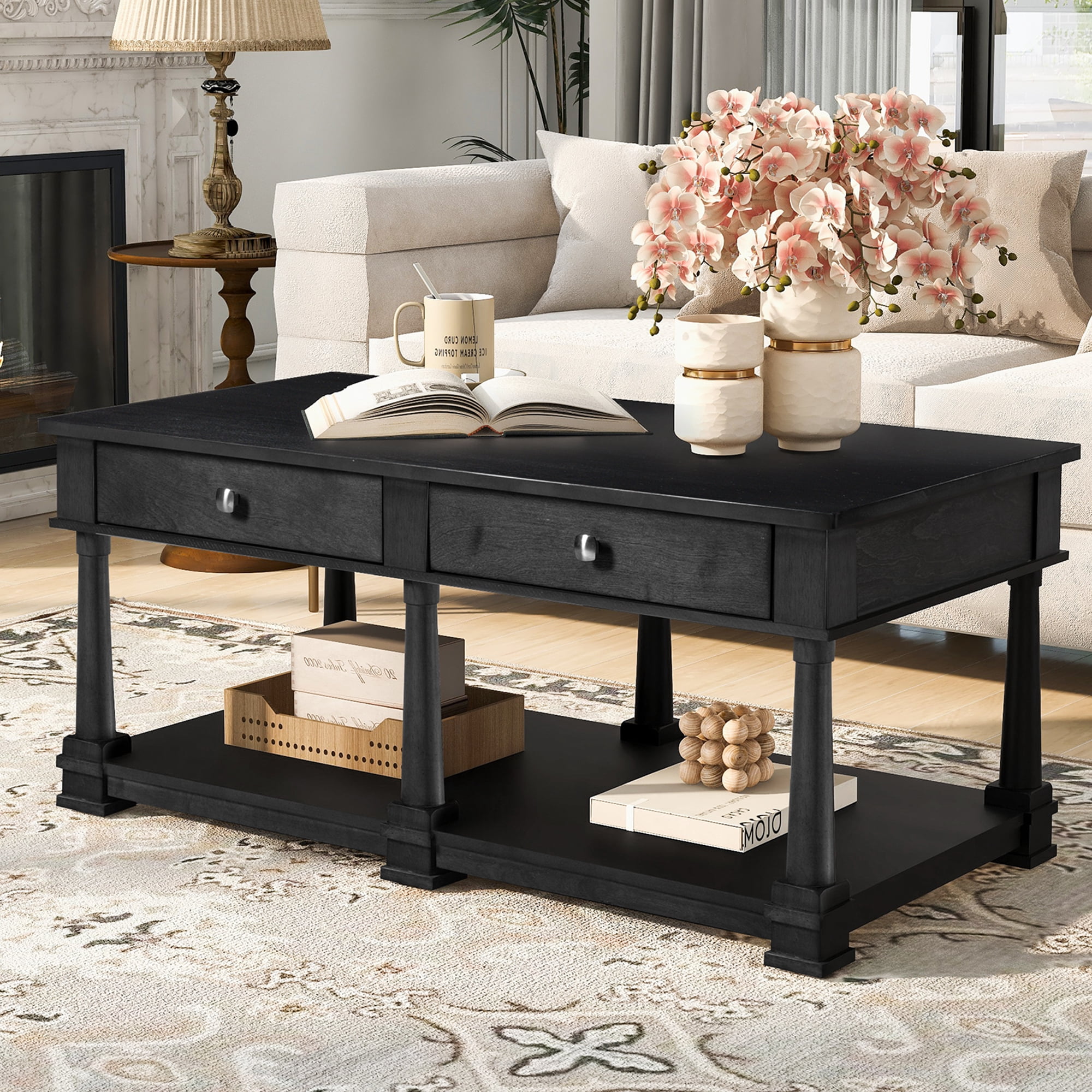 Leumius Farmhouse Coffee Table with 2 Storage Drawers & Lower Open Shelf, Rectangular Cocktail Table with Solid Wood Legs for Living Room Black