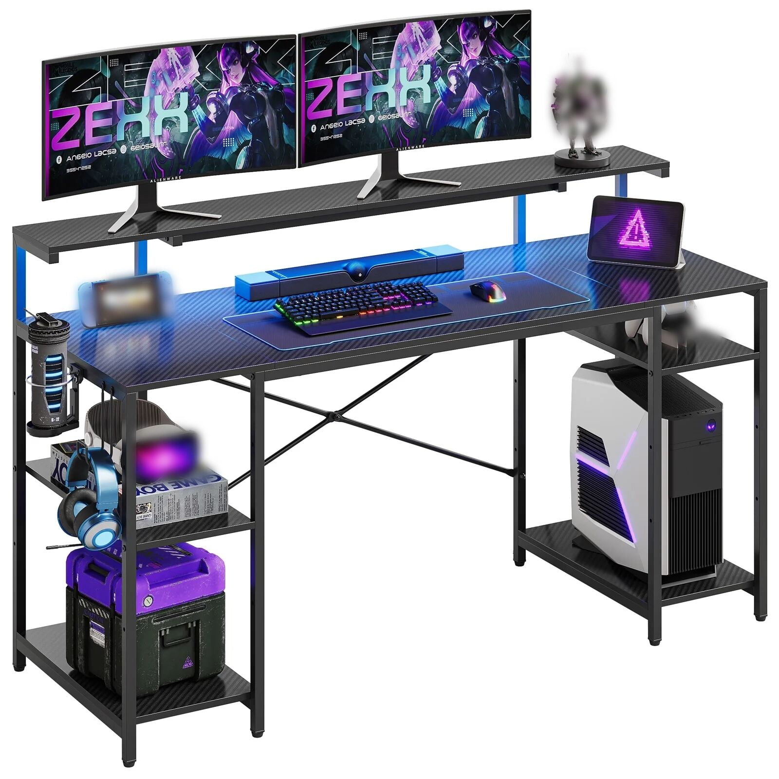 Bestier 55" Gaming Desk with LED Light  & Monitor Stand Computer Desk Corner Desk for Home Office, Black Carbon Fiber