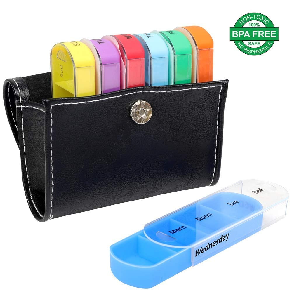 7 Day Pill Organizer Box Set Travel Black Faux Leather Wallet Style