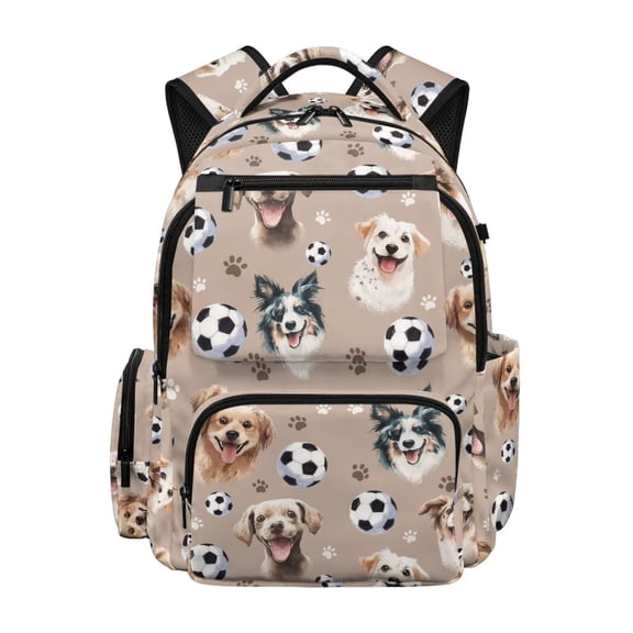 HUIACONG Khaki Dog Soccer Print School Backpack for Kids Teens Age 7-19 Multi Pocket Water Resistant Bookbag Adjustable Padded Straps Lightweight Durable Travel Daypack