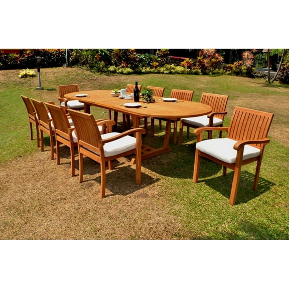 Teak Dining Set:10 Seater 11 Pc -118" Mas Oval Table (Trestle Leg) And 10 Stacking Napa Arm Chairs Outdoor Patio Grade-A Teak Wood WholesaleTeak #WMDSNPt