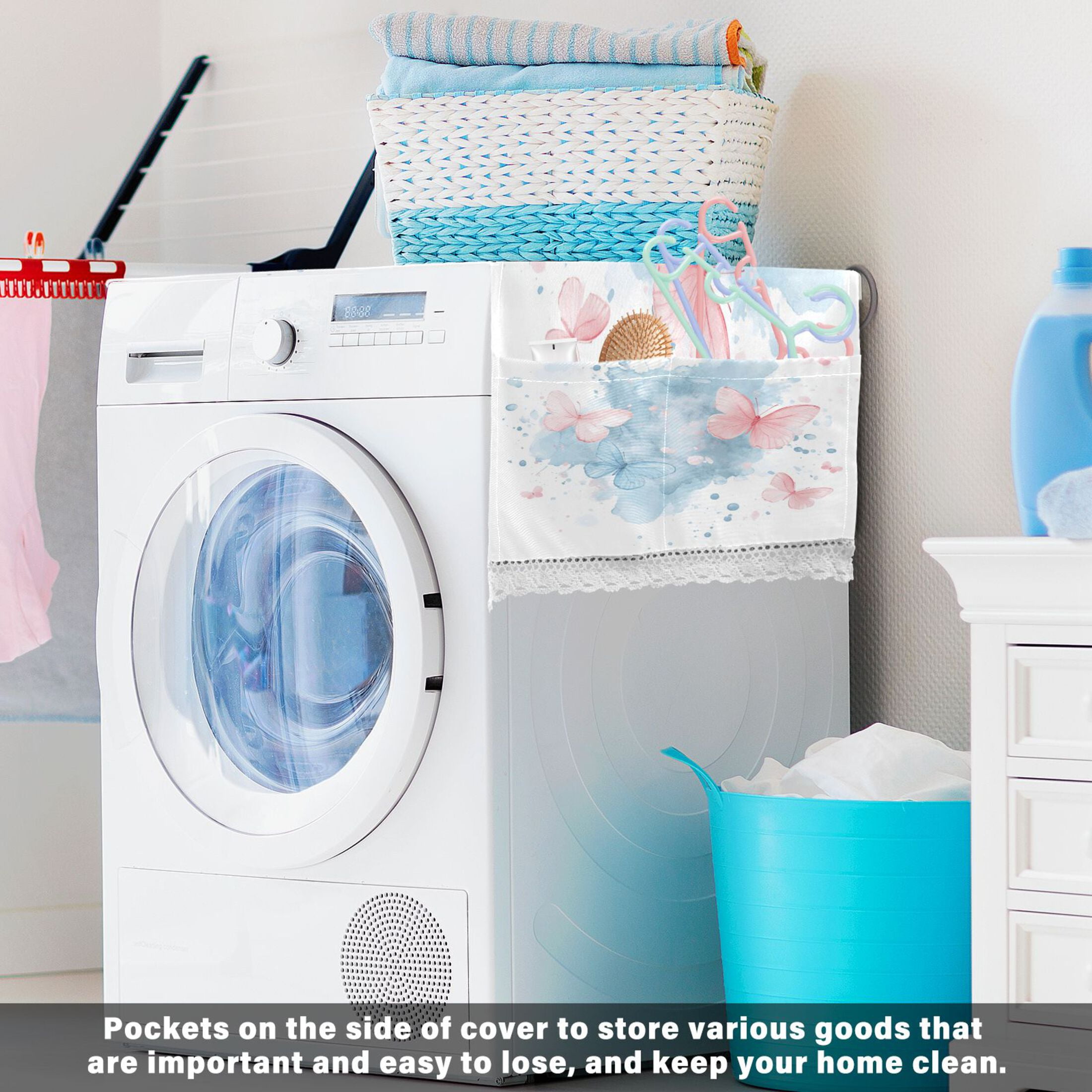Pink and Blue ButterfliesWasher and Dryer Covers Dust-Proof and Oil Resistant Fridge Cover with 4 Storage Pockets Washing Machine Top Cover for Laundry Kitchen Home 51.2 x 22 In