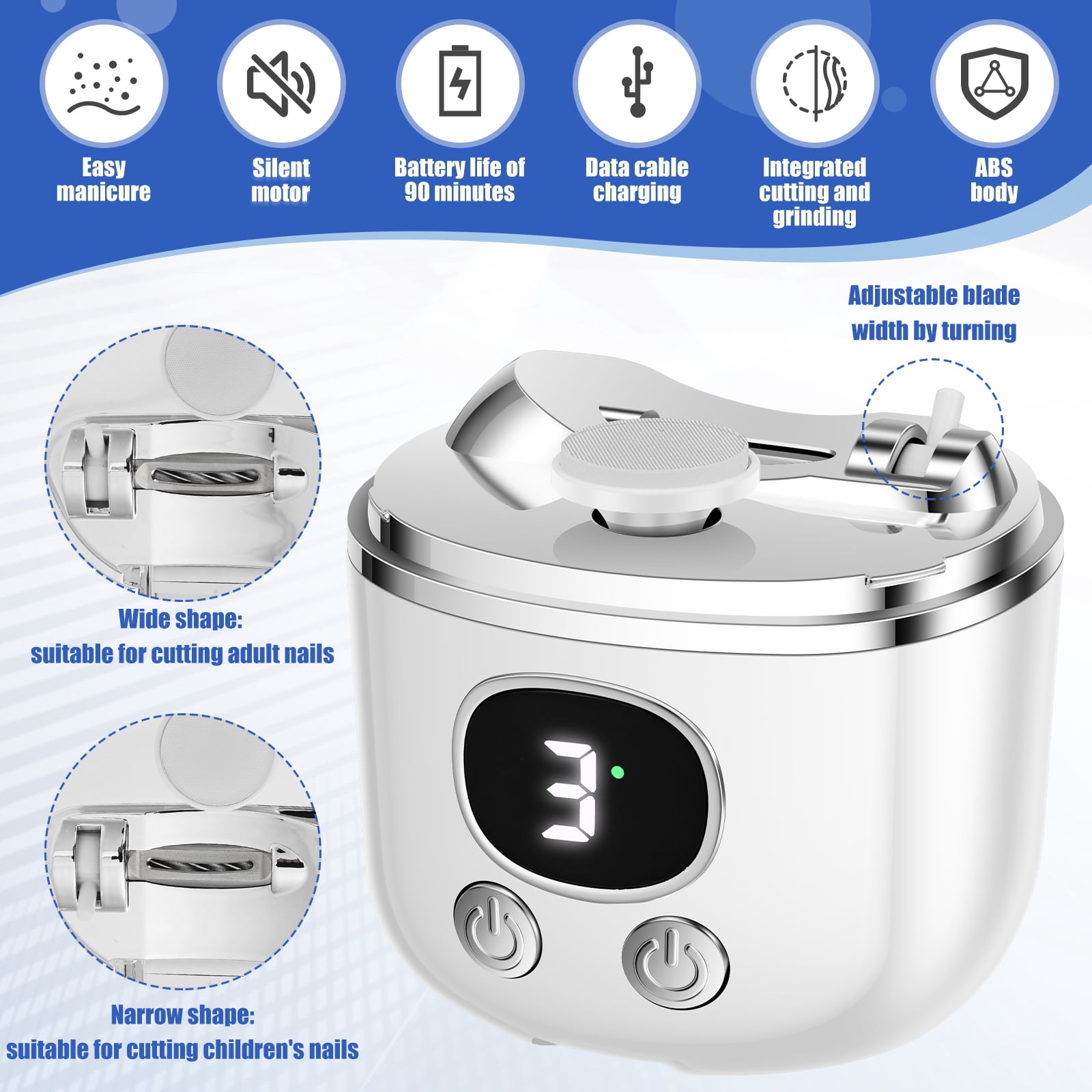 HKJUNFEI Electric Nail Clippers with Dual Blade 3 Speed Adjustment Automatic Nail Clipper Humanized Using for Kids Adults Elderly