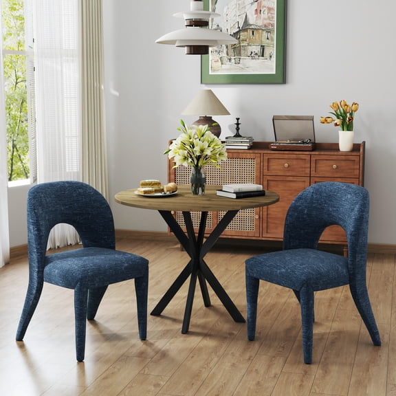 KATBOC 31.in Round Dining Table with 2 Chenille Chairs Set, Modern Industrial Style, Space-Saving Metal Frame, Quick Assembly for 2-4 People, Perfect for Apartments, Small Kitchens, Blue