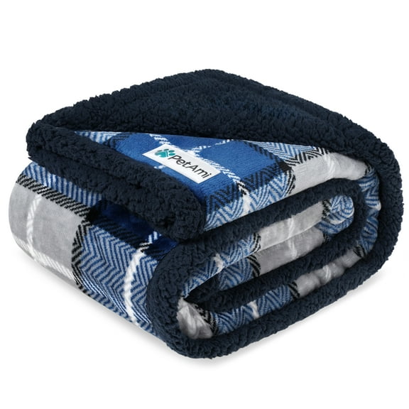 PetAmi Waterproof Dog Blanket for Small Medium Dog Puppy Cat Throw for Couch Cover Leakproof Protection, Sherpa Fleece, Reversible Soft Washable 29x40 Plaid Navy Blue