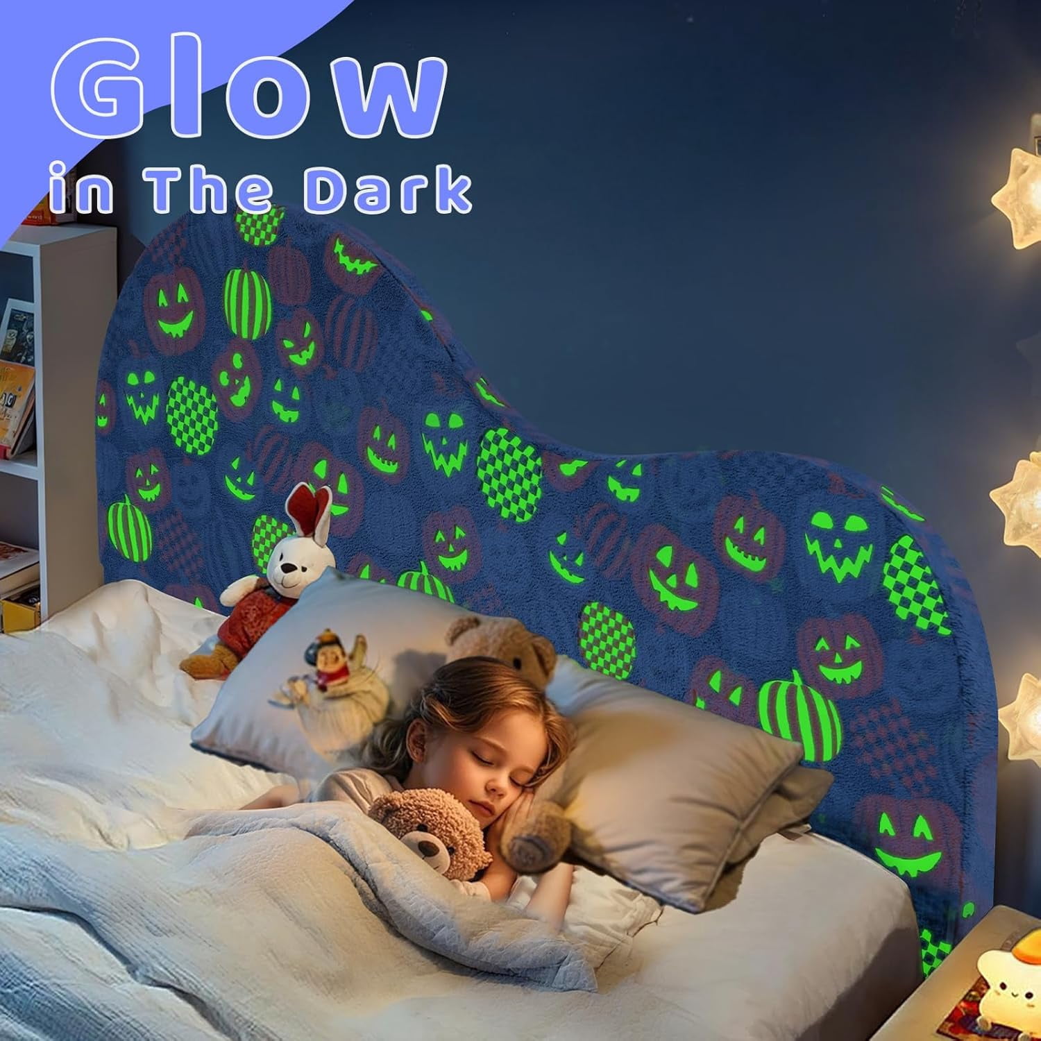 Upholstered Headboard Queen，Creative Curved Glow in The Dark Headboard，Foam Filled Fabric Head Board for Teens and Adults, Pumpkin