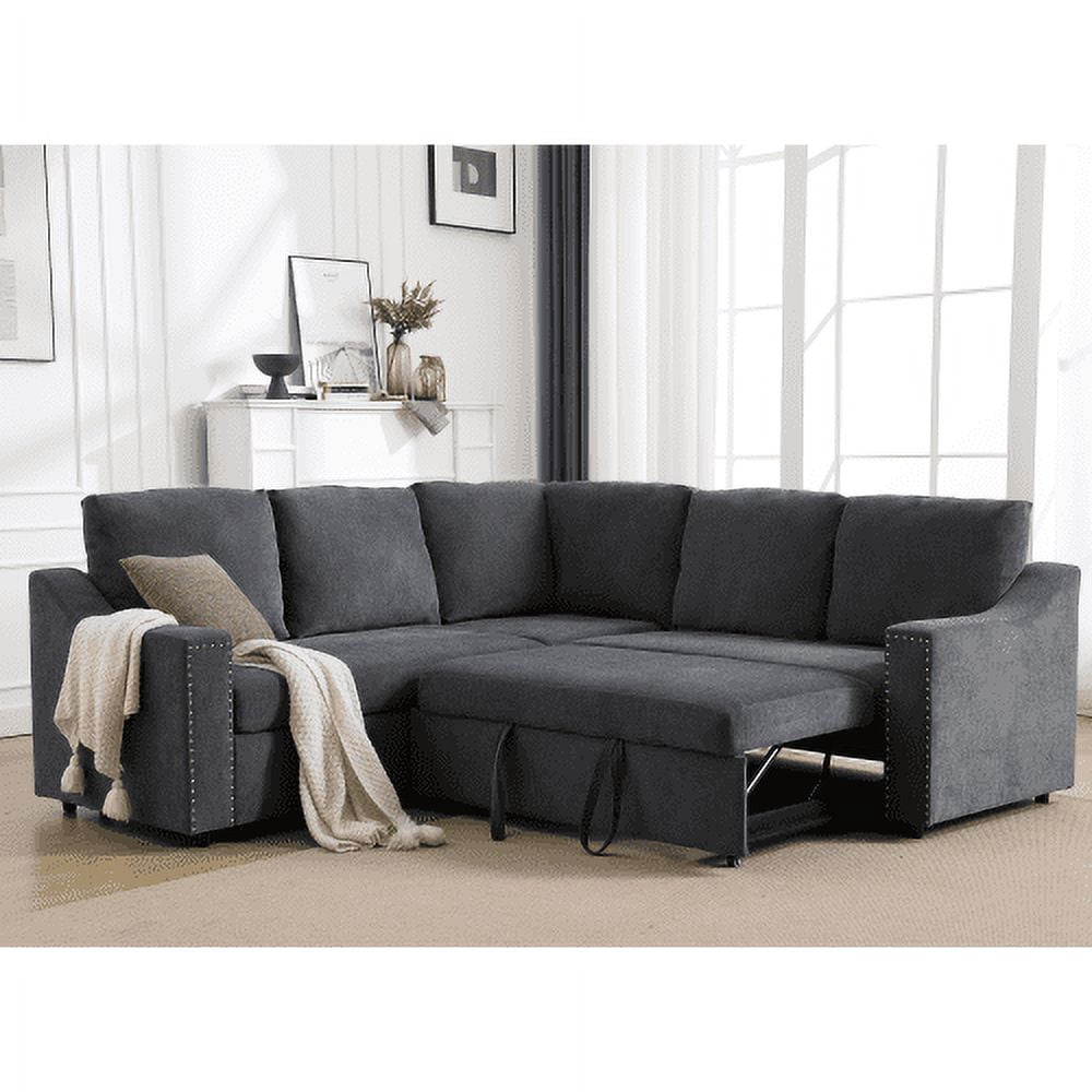 BSHTI L-Shaped Sofa with Pull-Out Sofa Bed,Corner Sofa,Living Room Furniture Set,Sleeper Sofa Bed,Corner Seat for Two with Broaching Sofa,Rivet DeChenille,Gray