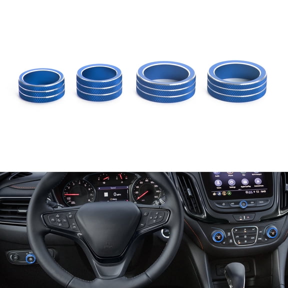 Xotic Tech AC Radio Knobs Cover Accessories Compatible with Chevrolet Equinox 2018-2023, Malibu 2016-2023 Center Console Air Conditioner Volume Headlight Ring Cover Trim (Aluminum Alloy, Blue) -4PCS