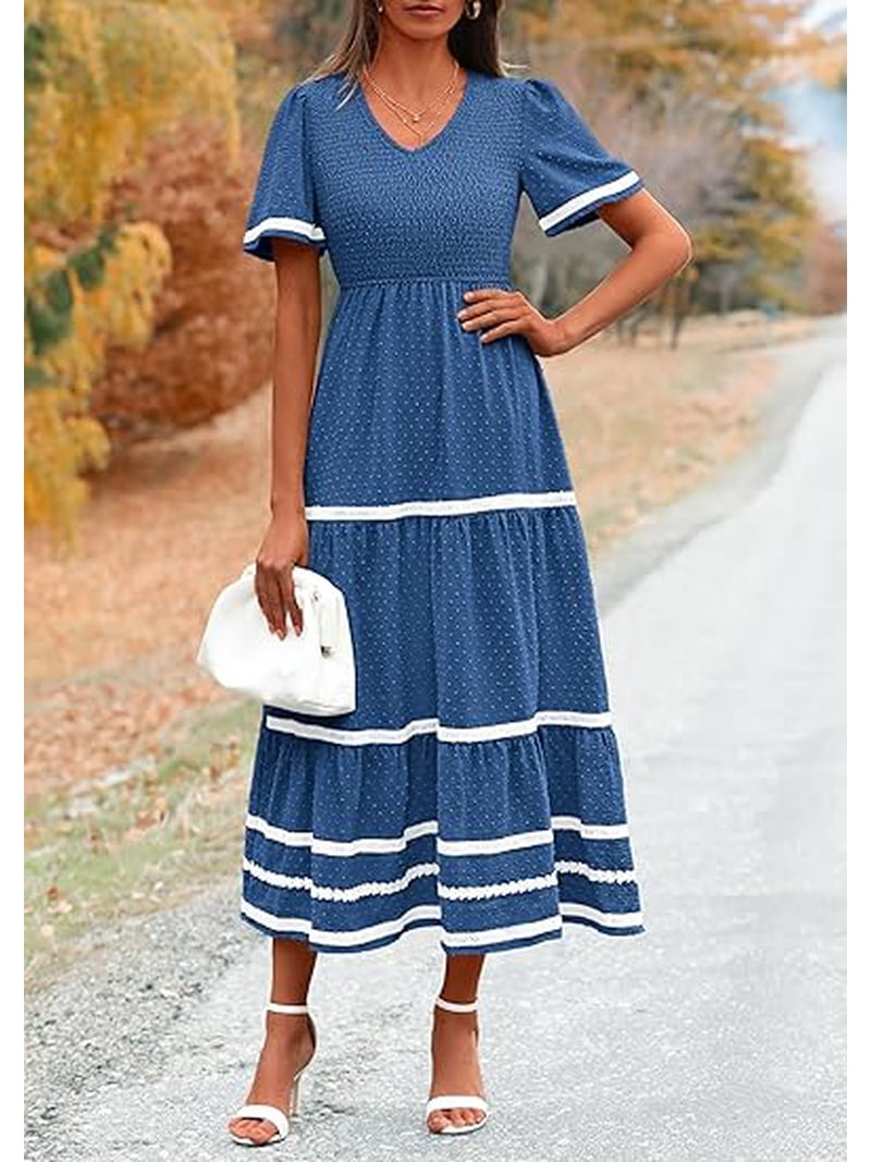PRETTYGARDEN Women's Casual Summer Maxi Dress Short Sleeve Swiss Dot V Neck  Smocked Long Flowy Beach Dresses - Walmart.com