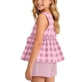 thumbnail image 5 of SGFCWSX Girls 2 Piece Outfits Sleeveless Gingham Ruffle Peplum Tops Solid Shorts Summer Casual Clothes Set Pink Size 7, 5 of 9