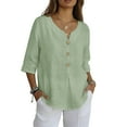 thumbnail image 4 of Womens Cotton Linen Tops, 3/4 Sleeve Shirts for Women Summer Casual Lightweight Solid Color Notch V Neck Dressy Blouses with Buttons, 4 of 6