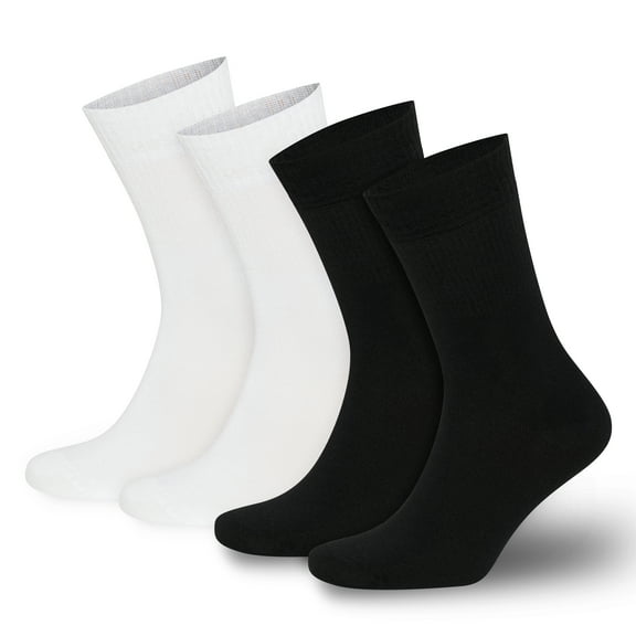 BAMBOOVEN Mens & Womens Rayon Bamboo Socks - 4 Pairs Diabetic Crew Socks - Size 9-12 - Regular - 2 Black and 2 White Pair of Socks
