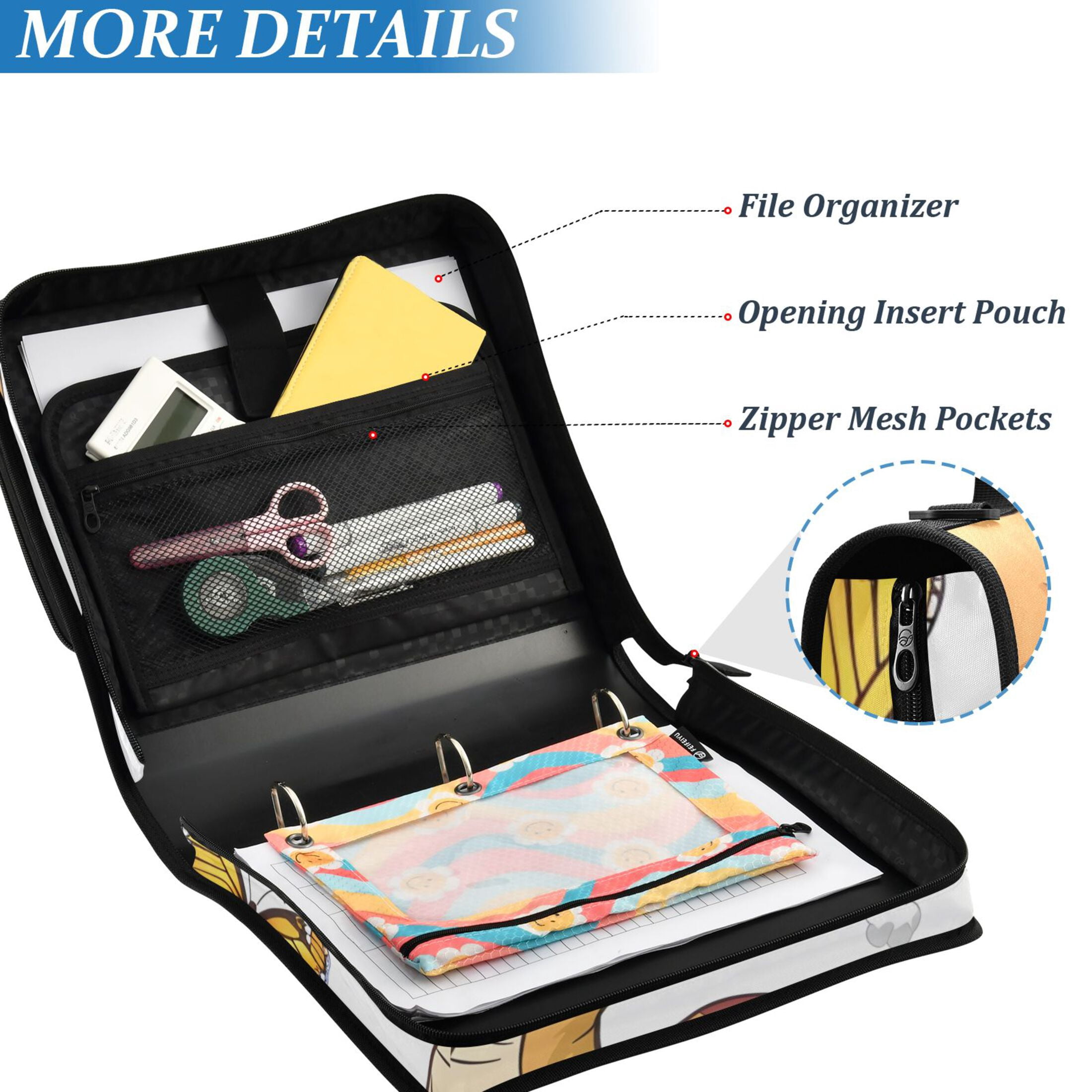 3 Ring Zipper Binder with Shoulder Strap Waterproof Trapper Keeper 2 Inch D-Ring 500 Sheets Capacity Cute Dinosaur and Butterfly