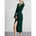 thumbnail image 4 of Women'S V-Neck Front Slit Rib Button Down Sweater Dress Dark Green M, 4 of 7