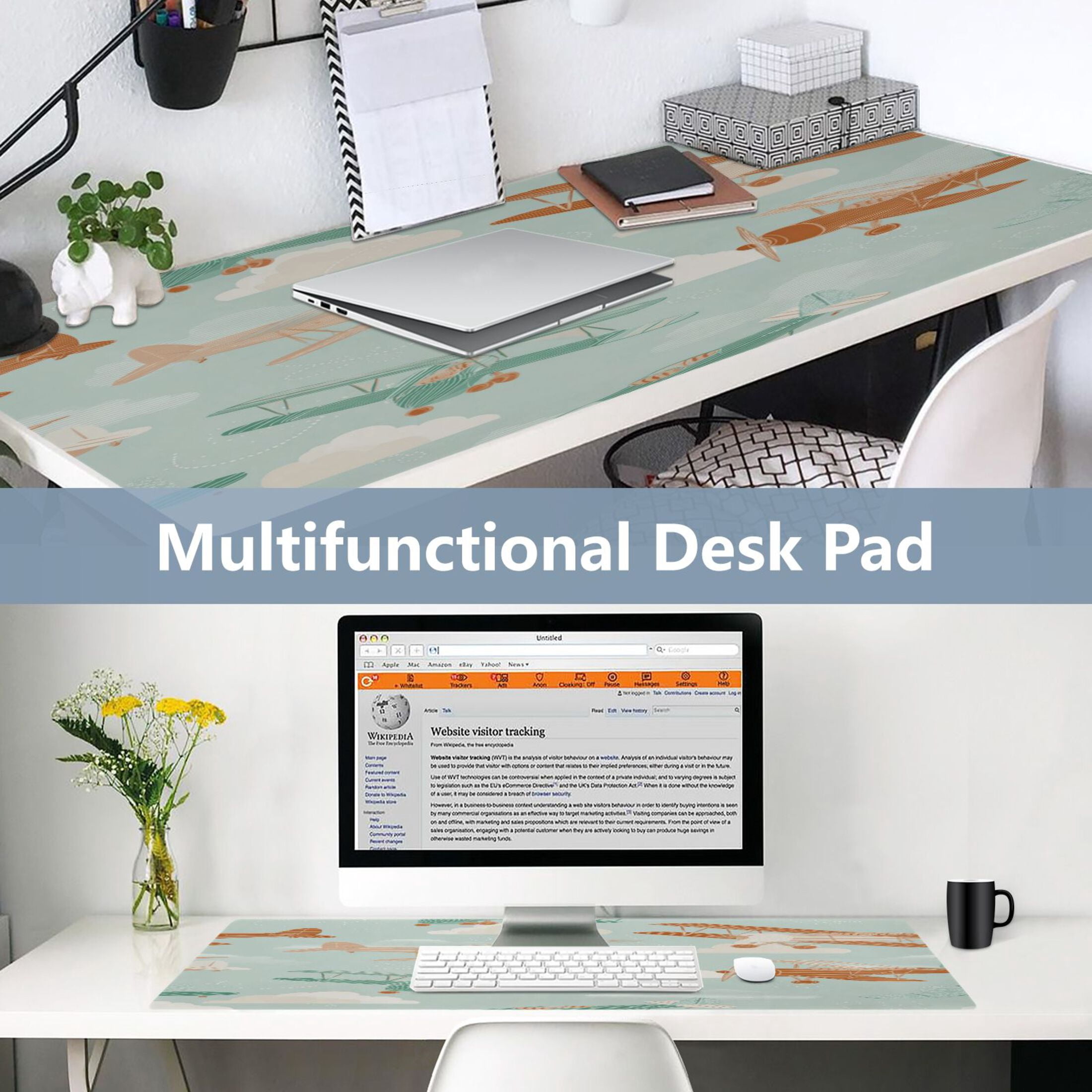 Leather Keyboard and Mouse Desk Mat Office Desk Accessories Protective Office Desk Decor Desk Pad Mat for Gaming, Work from Home, Office Cute Airplanes 23.6" x 47.2"