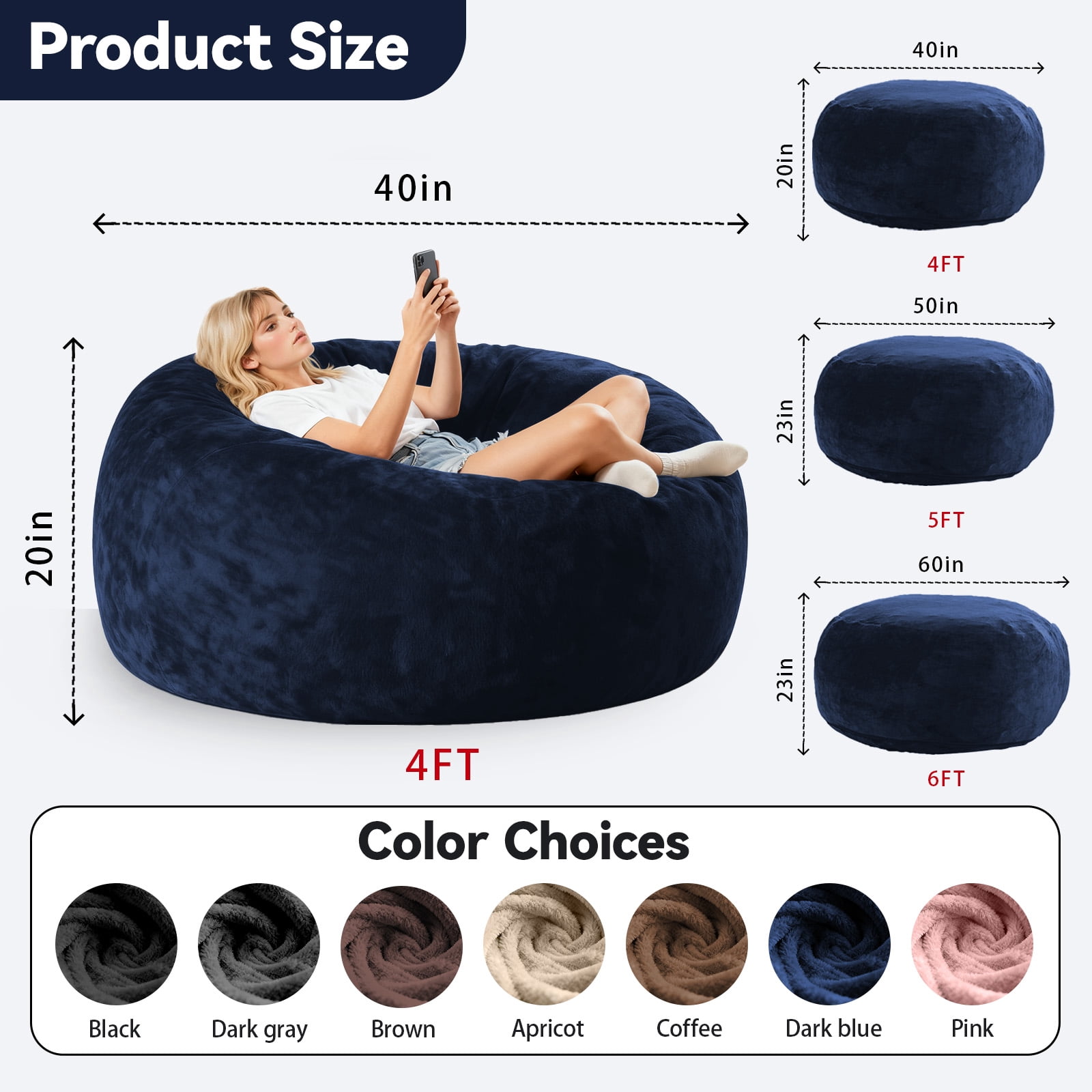 4ft Bean Bag Chair Stuffed Memory Foam for Adults ，Medium Size Beanbag Sofa for Living Room, Bedroom or Balcony (blue)