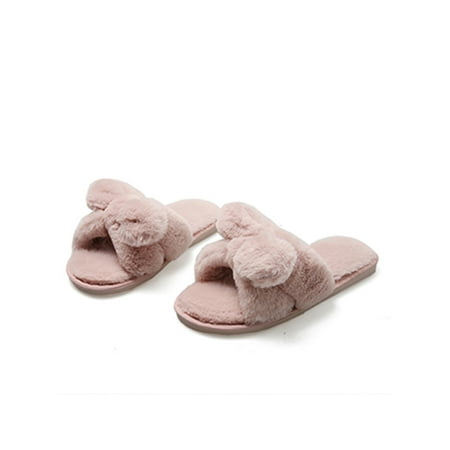 

Daeful Womens Furry Slippers Fluffy Sliders Open Toe Bow-knot Comfort Mules Shoes
