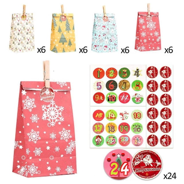 Juego de 24 piezas navideñas de bolsas de papel Kraft, bolsas de regalo coloridas, calendario de Adviento navideño, juego de bolsas de papel para envolver