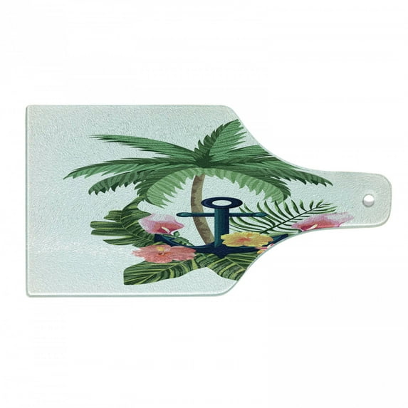 Vintage Nautical Tattoo Cutting Board, Tropical Palm Trees Anchor and Exotic Hibiscus, Decorative Tempered Glass Cutting and Serving Board, in 3 Sizes, by Ambesonne