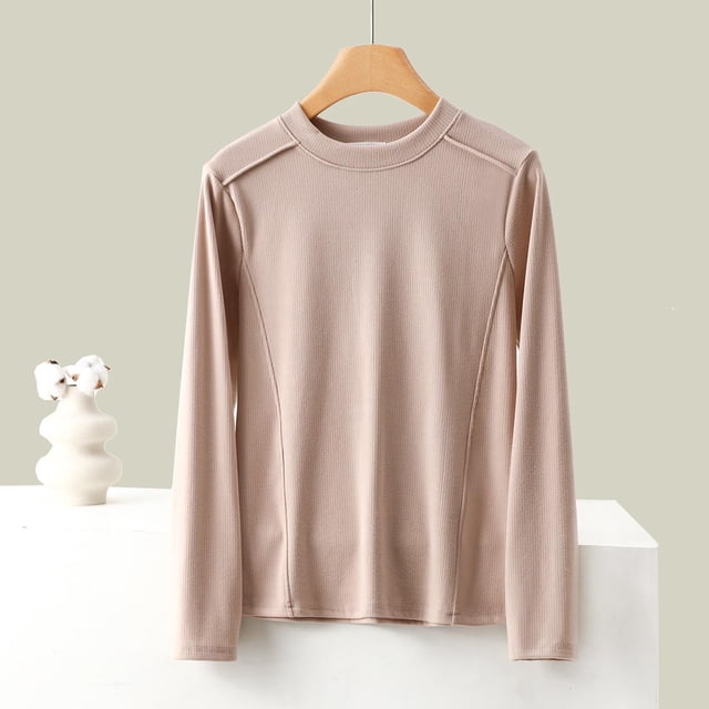 Fankiway Chemises à Manches Longues pour Femmes, sous-Vêtement Thermique en Polaire Colorée, Col Rond, Khaki 2TG