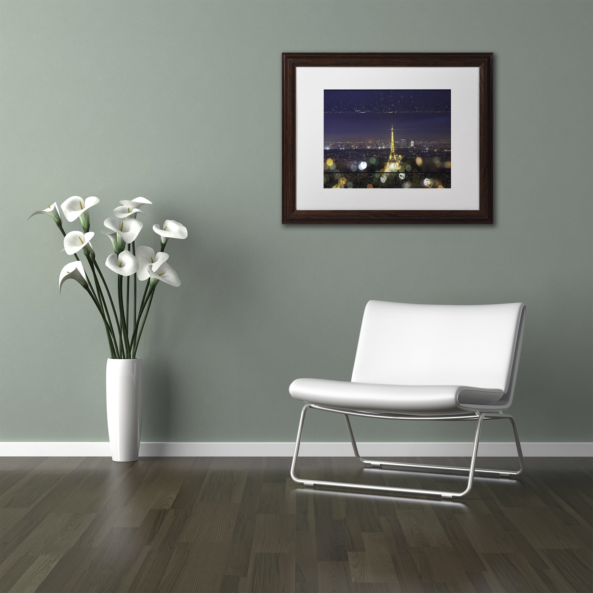 Trademark Fine Art "Fireworks of Rain in Paris" Canvas Art by Mathieu Rivrin, White Matte, Wood Frame