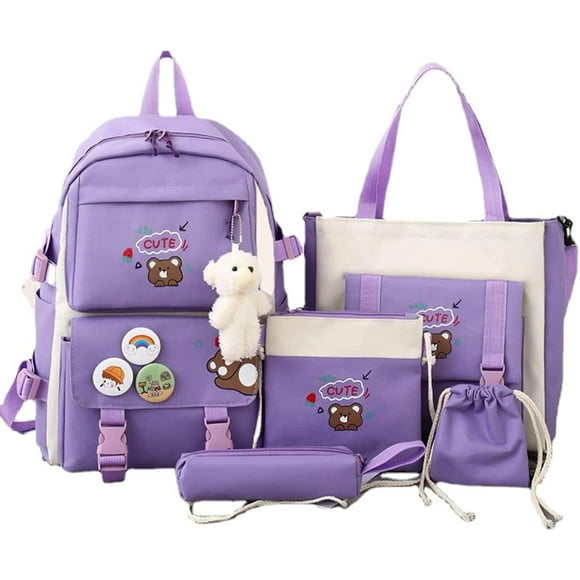backpack set of 5 pieces aesthetic backpack for school teenage girls' daily necessities with charm and pins, pencil case, tote bag, small bag.