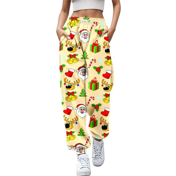 Pantalones Gibobby Negros Mujer Otoño e Invierno Casual Moda Navidad Divertido Impreso Amarillo L