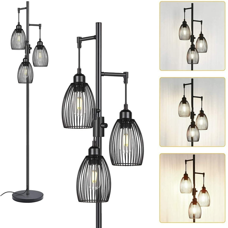 Dimmable Floor Lamp, 3 x 800LM LED Edison Bulbs Included, Farmhouse  Industrial Floor Lamp Standing Tree Lamp with Elegant Teardrop Cage Heads  Tall