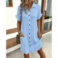 thumbnail image 4 of Vintage Women Solid Mini Dress Summer Fashion V-neck Three Quater Sleeve Cotton Linen Dress Ladies Casual Holiday Vestidos, 4 of 9