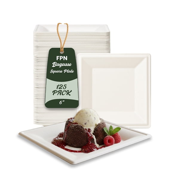 FPN Square Plates Disposable 125 Pack, 6 in Compostable Dinnerware, Party Plates for Hot & Cold Food