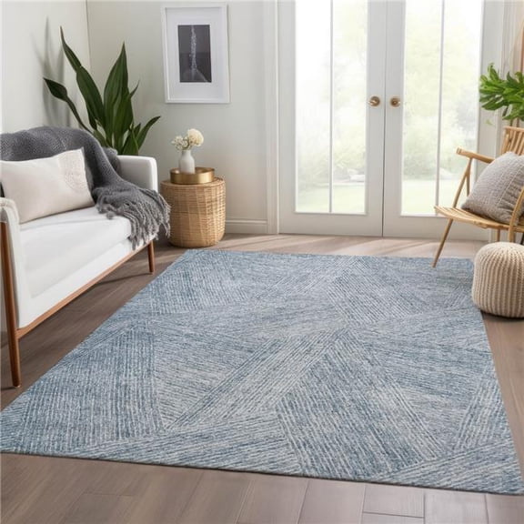 HomeRoots 678142 9 x 12 ft. Denim Blue & Ivory Abstract Transitional Washable Machine Made Rectangle Area Rug with UV Protection