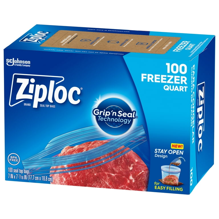 Ziploc® Brand Freezer Bags with New Stay Open Design, Quart, 100 Count,  Patented Stand-up Bottom, Easy to Fill Freezer Bag, Unloc a Free Set of  Hands
