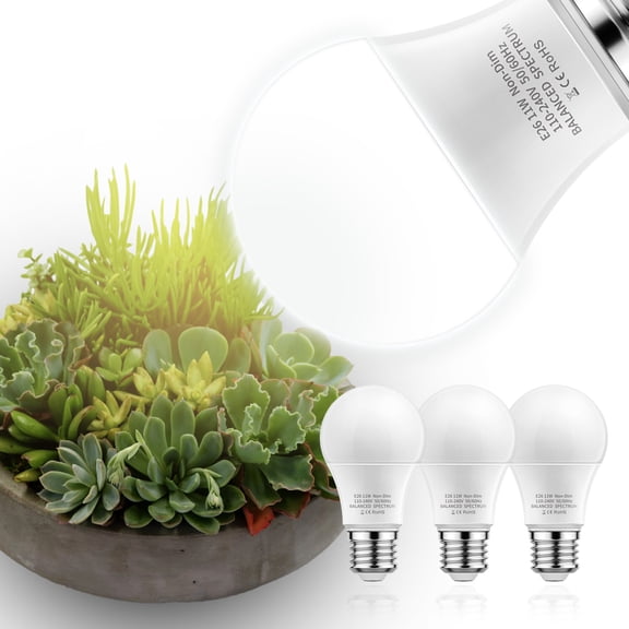 LOHASLED 4 Pack A19 Grow Light Bulbs, 11W=100W Full Spectrum Plant Light Bulbs ,E26 Base LED Grow Light Bulb