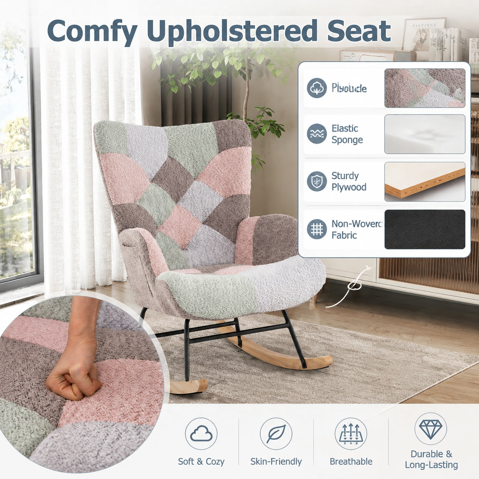 Furnibear Nursery Rocking Chair with Boucle Upholstery Ergonomic Armrests and High Backrest for Living Room Bedroom and Nursery, Colorful