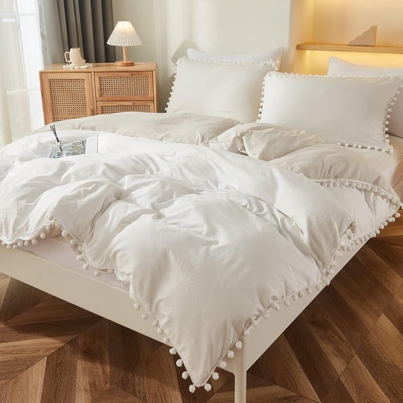 Boho Queen Duvet Cover Boys Girls Preppy Bedding Set Cute Pom Pom Fringe 3 Pcs White and Pink Reversible Bedding Super Soft Lightweight Farmhouse Bedding Comforter Cover 1 Duvet Cover 2 Pillowcases(T