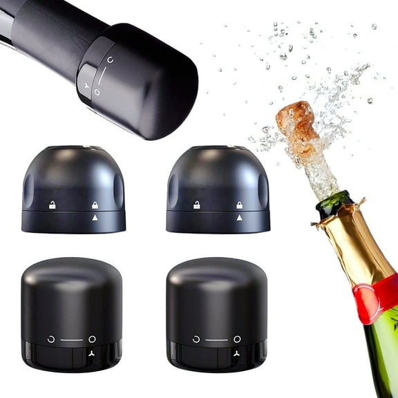 Champagne and Wine Stoppers 4 Pack Reusable Vacuum Stoppers Leakproof Bottle Sealer Keeps Wine Fresh For Easy Storage, Black